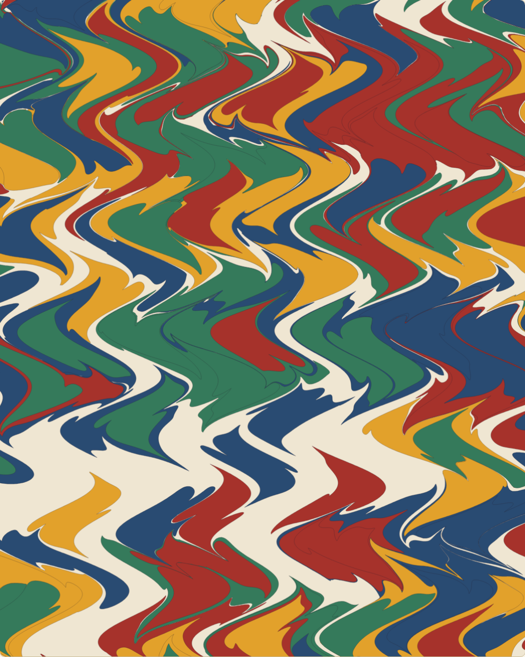 A flowing Turkish marbling print in indigo, madder red, gold, and green